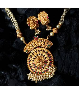 Antique Matte Gold Finish Goddess Laxmi Green Stone Studded Temple Jewellery set 1