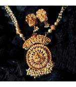 Antique Matte Gold Finish Goddess Laxmi Green Stone Studded Temple Jewellery set