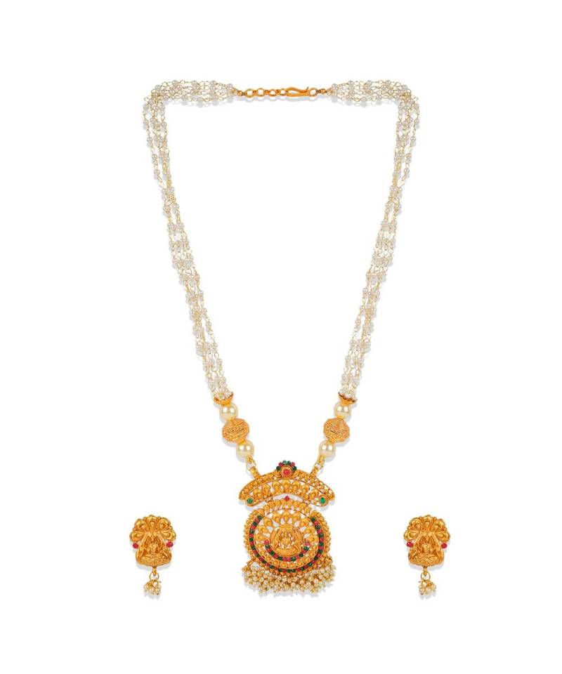 Antique Matte Gold Finish Goddess Laxmi Green Stone Studded Temple Jewellery set