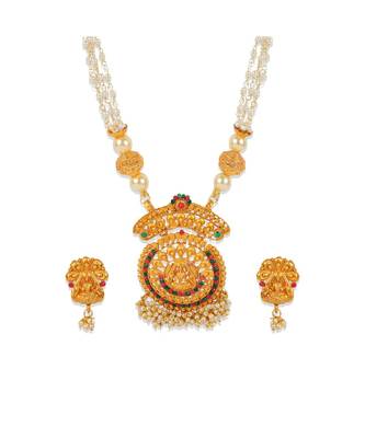 Antique Matte Gold Finish Goddess Laxmi Green Stone Studded Temple Jewellery set 3