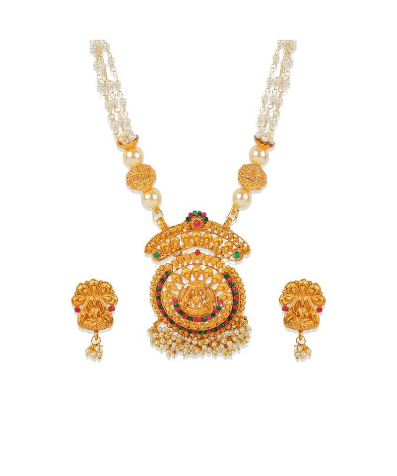 Antique Matte Gold Finish Goddess Laxmi Green Stone Studded Temple Jewellery set