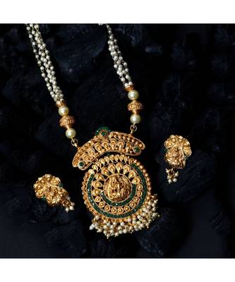 Antique Matte Gold Finish Goddess Laxmi Green Stone Studded Temple Jewellery set 1