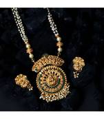 Antique Matte Gold Finish Goddess Laxmi Green Stone Studded Temple Jewellery set