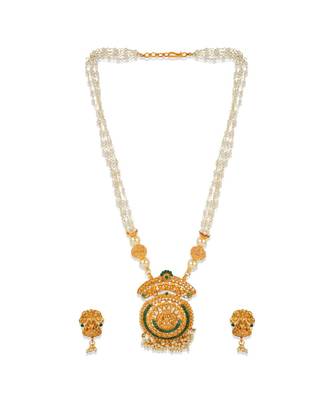 Antique Matte Gold Finish Goddess Laxmi Green Stone Studded Temple Jewellery set 2