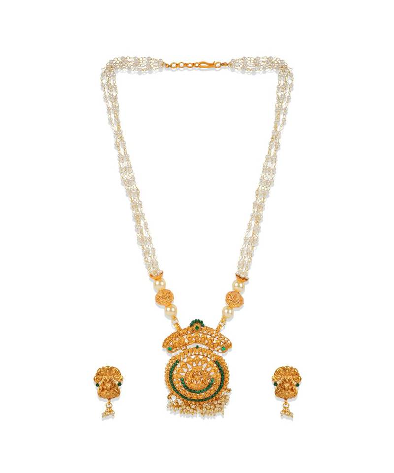 Antique Matte Gold Finish Goddess Laxmi Green Stone Studded Temple Jewellery set