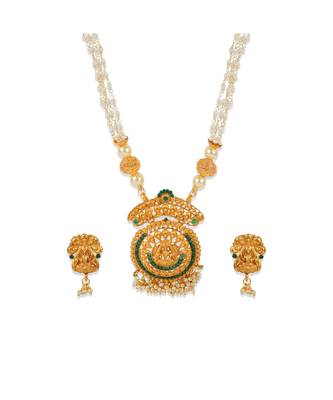Antique Matte Gold Finish Goddess Laxmi Green Stone Studded Temple Jewellery set 3