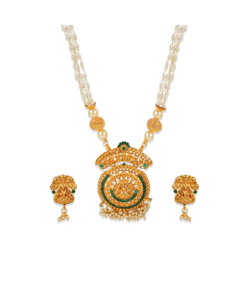 Antique Matte Gold Finish Goddess Laxmi Green Stone Studded Temple Jewellery set