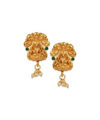 Antique Matte Gold Finish Goddess Laxmi Green Stone Studded Temple Jewellery set 4