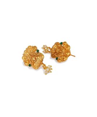 Antique Matte Gold Finish Goddess Laxmi Green Stone Studded Temple Jewellery set 5