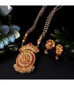 Antique Matte Gold Finish Goddess Laxmi Maroon Stone Studded Temple Jewellery set