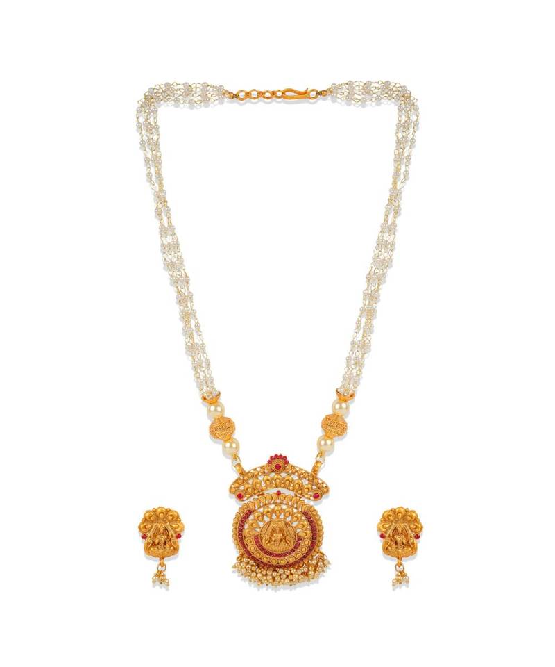 Antique Matte Gold Finish Goddess Laxmi Maroon Stone Studded Temple Jewellery set