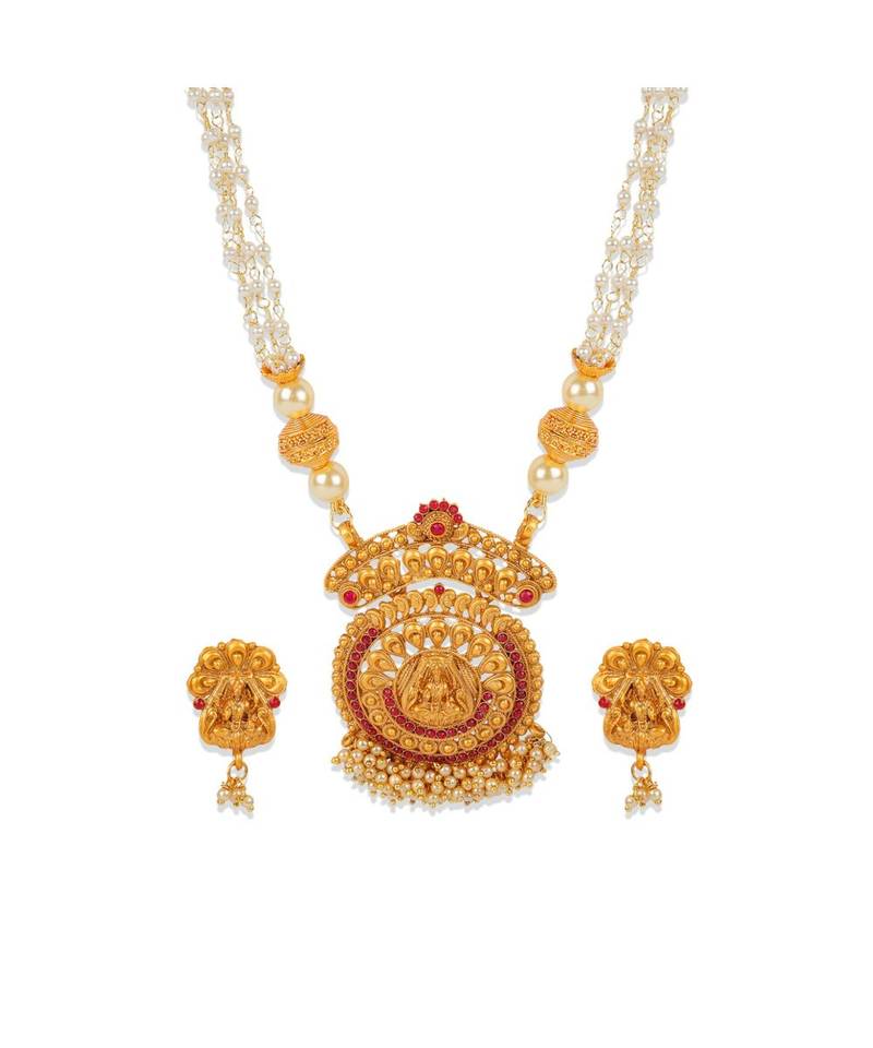 Antique Matte Gold Finish Goddess Laxmi Maroon Stone Studded Temple Jewellery set
