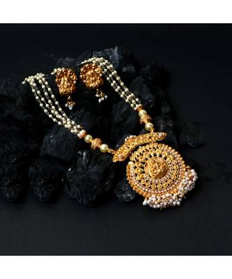 Antique Matte Gold Finish Goddess Laxmi White Stone Studded Temple Jewellery set 1