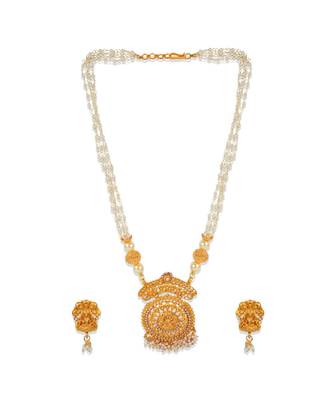 Antique Matte Gold Finish Goddess Laxmi White Stone Studded Temple Jewellery set 2
