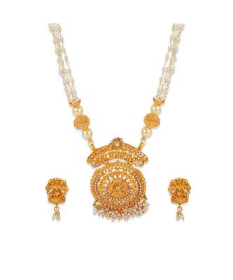 Antique Matte Gold Finish Goddess Laxmi White Stone Studded Temple Jewellery set 3