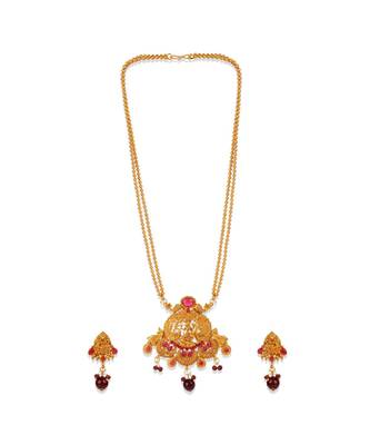 Antique Matte Gold Finish Maroon Stone Studded Temple Jewellery set 2