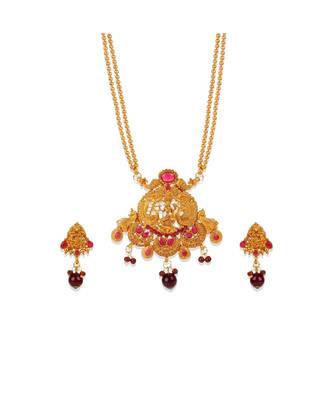 Antique Matte Gold Finish Maroon Stone Studded Temple Jewellery set 3