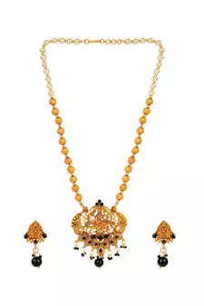 Antique Matte Gold Finish Black Stone Studded Temple Jewellery set