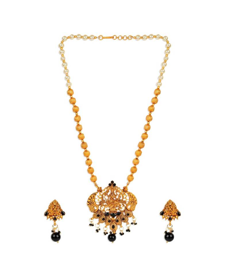 Antique Matte Gold Finish Black Stone Studded Temple Jewellery set