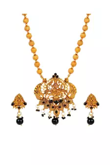 Antique Matte Gold Finish Black Stone Studded Temple Jewellery set