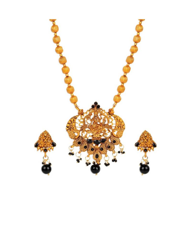 Antique Matte Gold Finish Black Stone Studded Temple Jewellery set