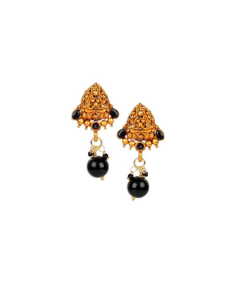 Antique Matte Gold Finish Black Stone Studded Temple Jewellery set