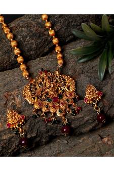 Antique Matte Gold Finish Green Maroon Stone Studded Temple Jewellery set