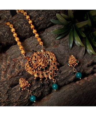 Antique Matte Gold Finish Green Stone Studded Temple Jewellery set 1
