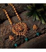 Antique Matte Gold Finish Green Stone Studded Temple Jewellery set