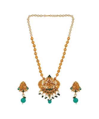 Antique Matte Gold Finish Green Stone Studded Temple Jewellery set 2