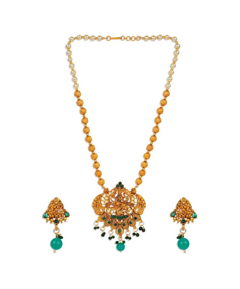 Antique Matte Gold Finish Green Stone Studded Temple Jewellery set