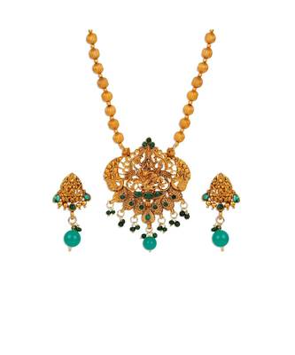 Antique Matte Gold Finish Green Stone Studded Temple Jewellery set 3