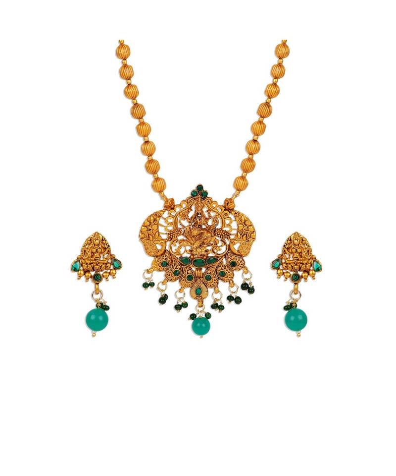 Antique Matte Gold Finish Green Stone Studded Temple Jewellery set