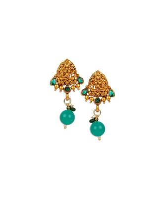 Antique Matte Gold Finish Green Stone Studded Temple Jewellery set 4