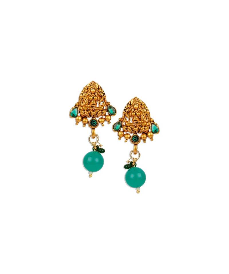 Antique Matte Gold Finish Green Stone Studded Temple Jewellery set