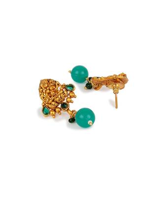 Antique Matte Gold Finish Green Stone Studded Temple Jewellery set 5