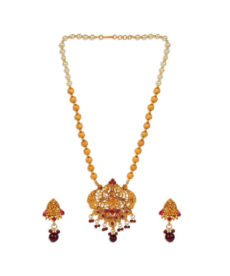 Antique Matte Gold Finish Maroon Stone Studded Temple Jewellery set