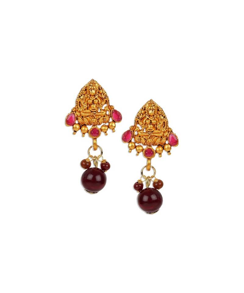 Antique Matte Gold Finish Maroon Stone Studded Temple Jewellery set