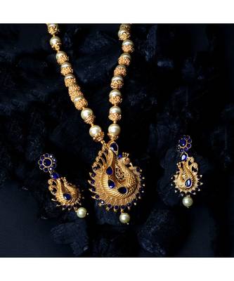 Antique Matte Gold Finish Blue Stone Studded Temple Jewellery set 1