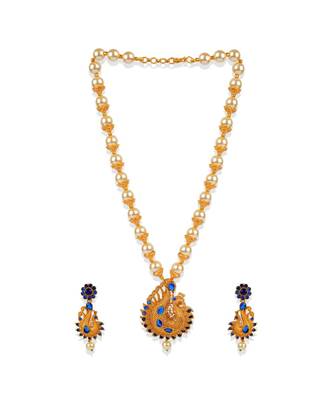 Antique Matte Gold Finish Blue Stone Studded Temple Jewellery set 2