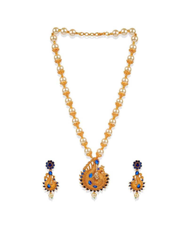 Antique Matte Gold Finish Blue Stone Studded Temple Jewellery set