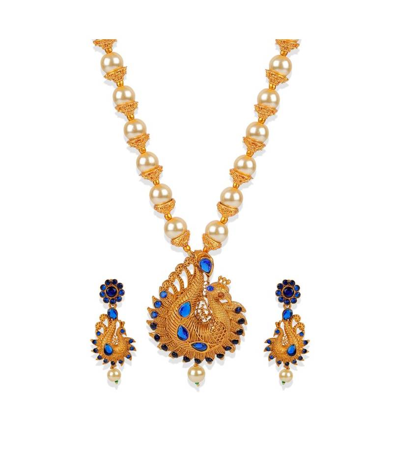 Antique Matte Gold Finish Blue Stone Studded Temple Jewellery set