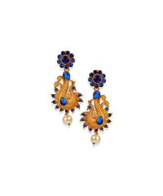 Antique Matte Gold Finish Blue Stone Studded Temple Jewellery set 4