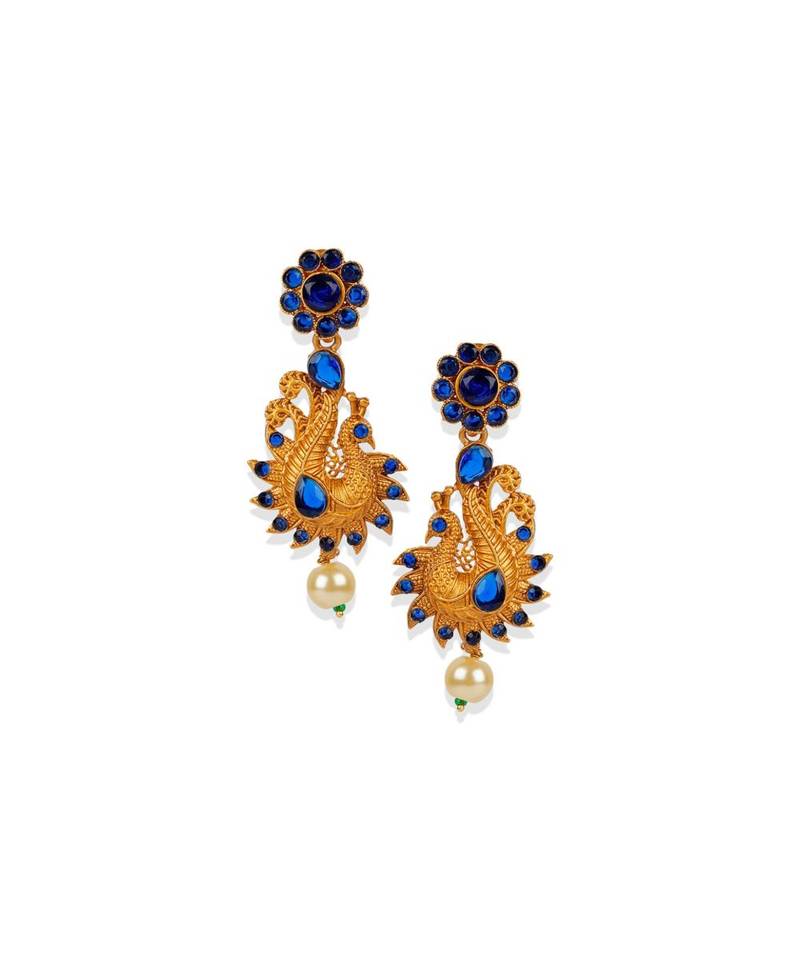 Antique Matte Gold Finish Blue Stone Studded Temple Jewellery set