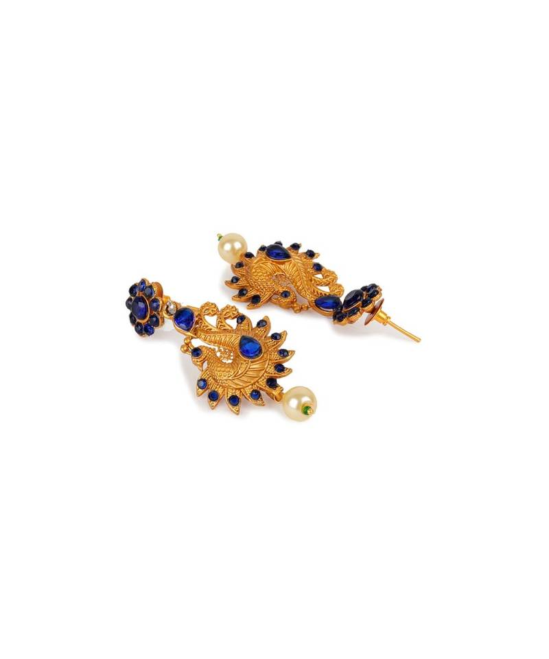 Antique Matte Gold Finish Blue Stone Studded Temple Jewellery set