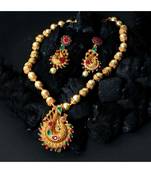 Antique Matte Gold Finish Green Stone Studded Temple Jewellery set