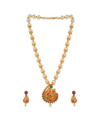 Antique Matte Gold Finish Green Stone Studded Temple Jewellery set 2