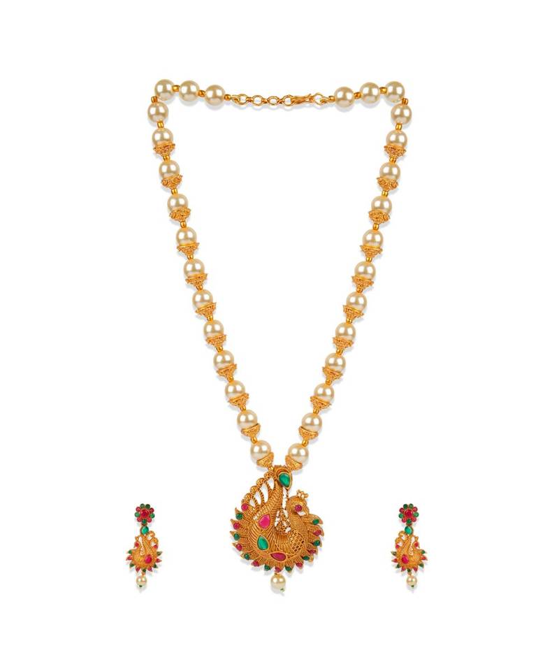 Antique Matte Gold Finish Green Stone Studded Temple Jewellery set