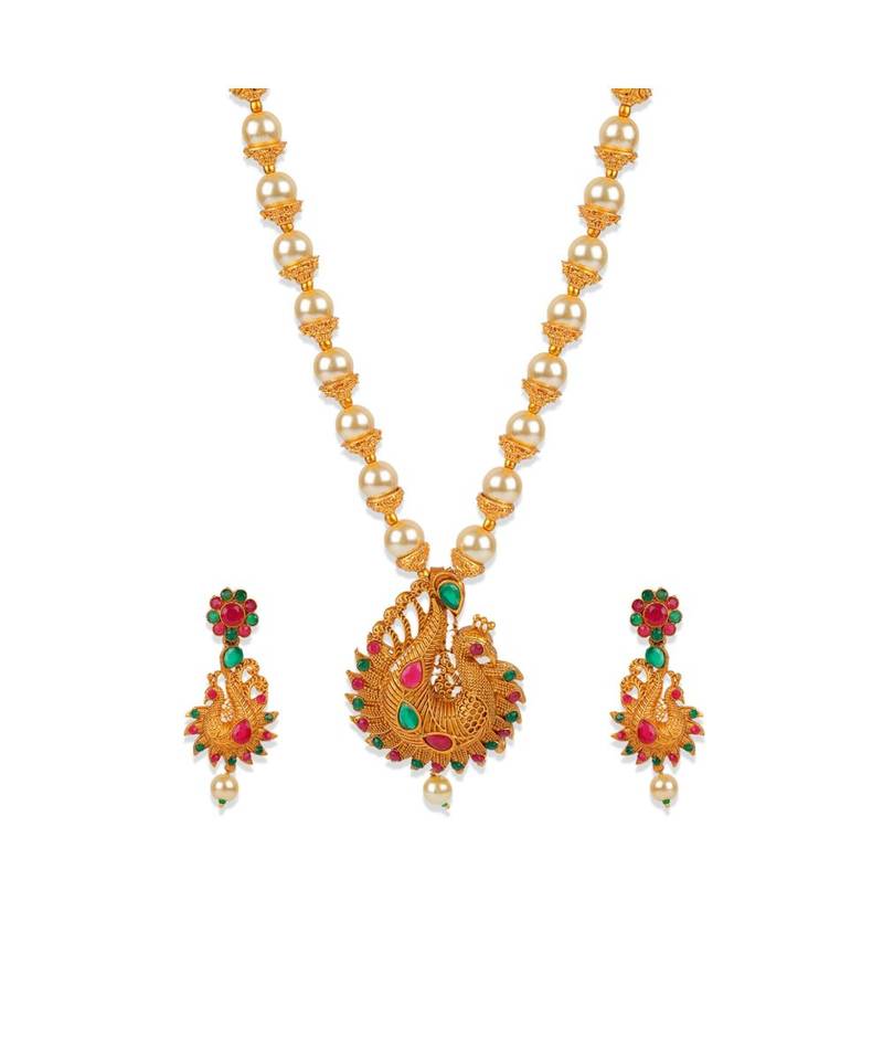 Antique Matte Gold Finish Green Stone Studded Temple Jewellery set