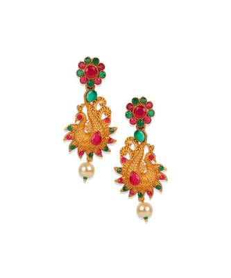 Antique Matte Gold Finish Green Stone Studded Temple Jewellery set 4